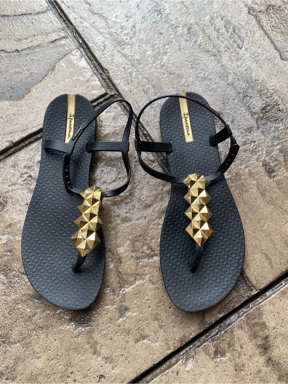 Ipanema Black Sandals with Gold Pyramid Studs
